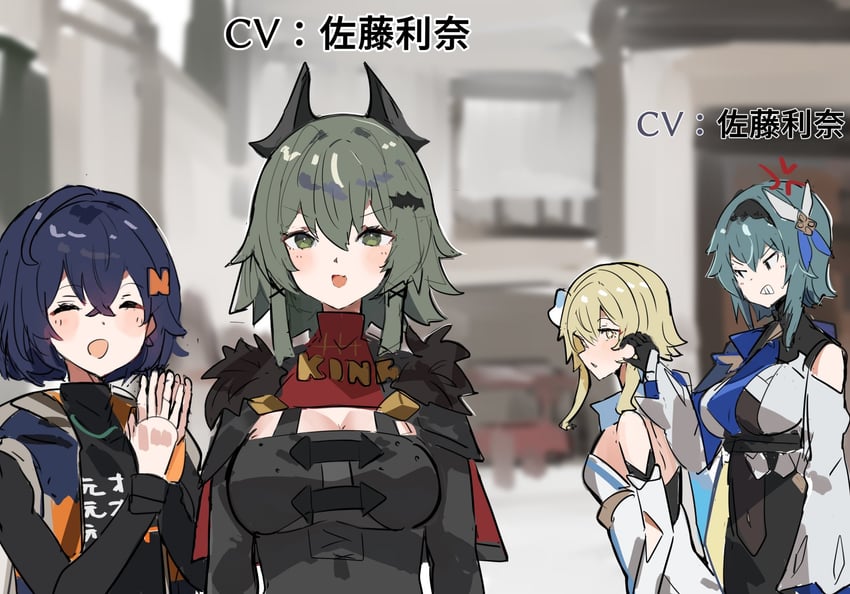 lumine, eula, belle, caesar king, and satou rina (genshin impact and 2 more) drawn by the_olphy