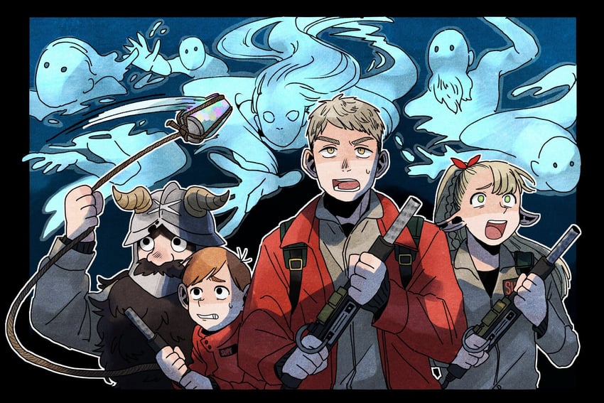 marcille donato, laios touden, senshi, and chilchuck tims (dungeon meshi and 1 more) drawn by dobu_dive