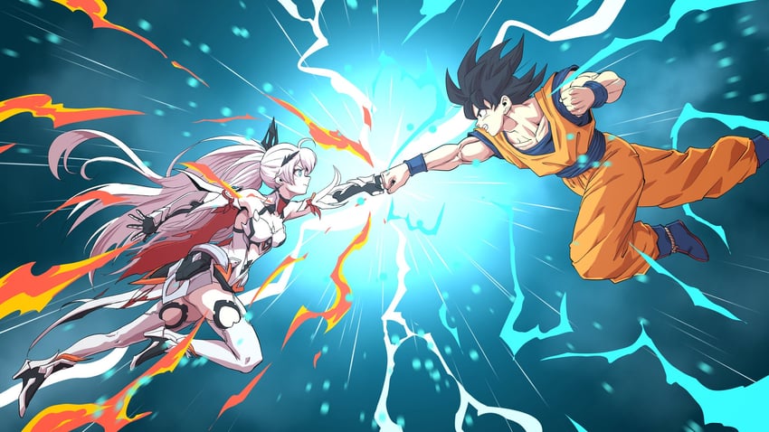 son goku and kiana kaslana (honkai and 2 more) drawn by horang4628