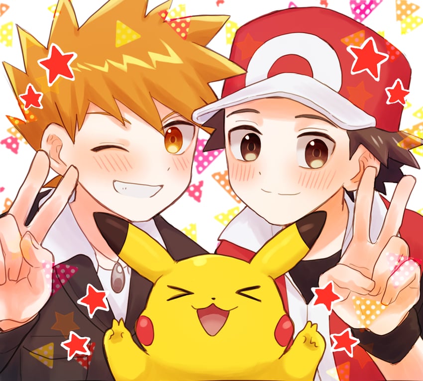 pikachu, red, and blue oak (pokemon and 1 more) drawn by mochi_(mocchi_p_2m)
