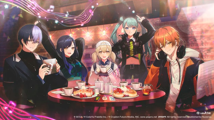 hatsune miku, shinonome akito, shiraishi an, aoyagi touya, azusawa kohane, and 1 more (vocaloid and 1 more) drawn by daiye_(kkmcndsf)