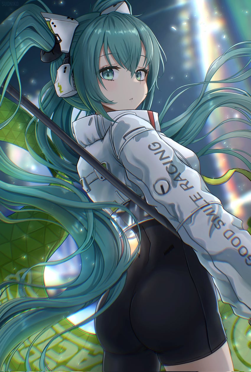 hatsune miku and racing miku (vocaloid and 1 more) drawn by suoniko