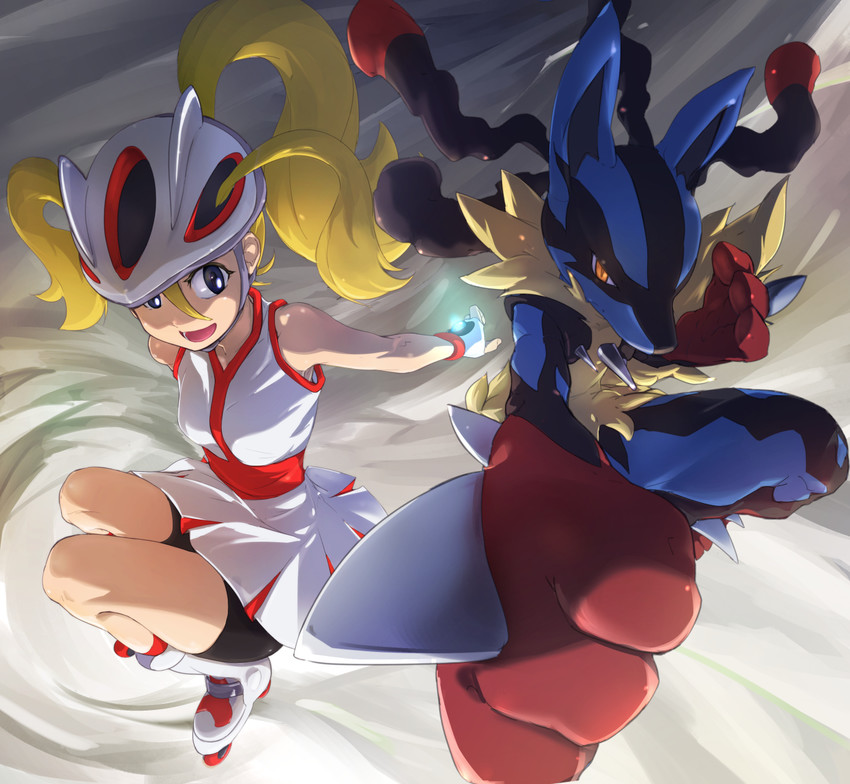 lucario, korrina, and mega lucario (pokemon and 1 more) drawn by nanjin