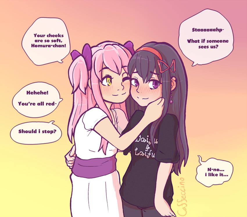akemi homura and kaname madoka (mahou shoujo madoka magica and 1 more) drawn by caffeccino