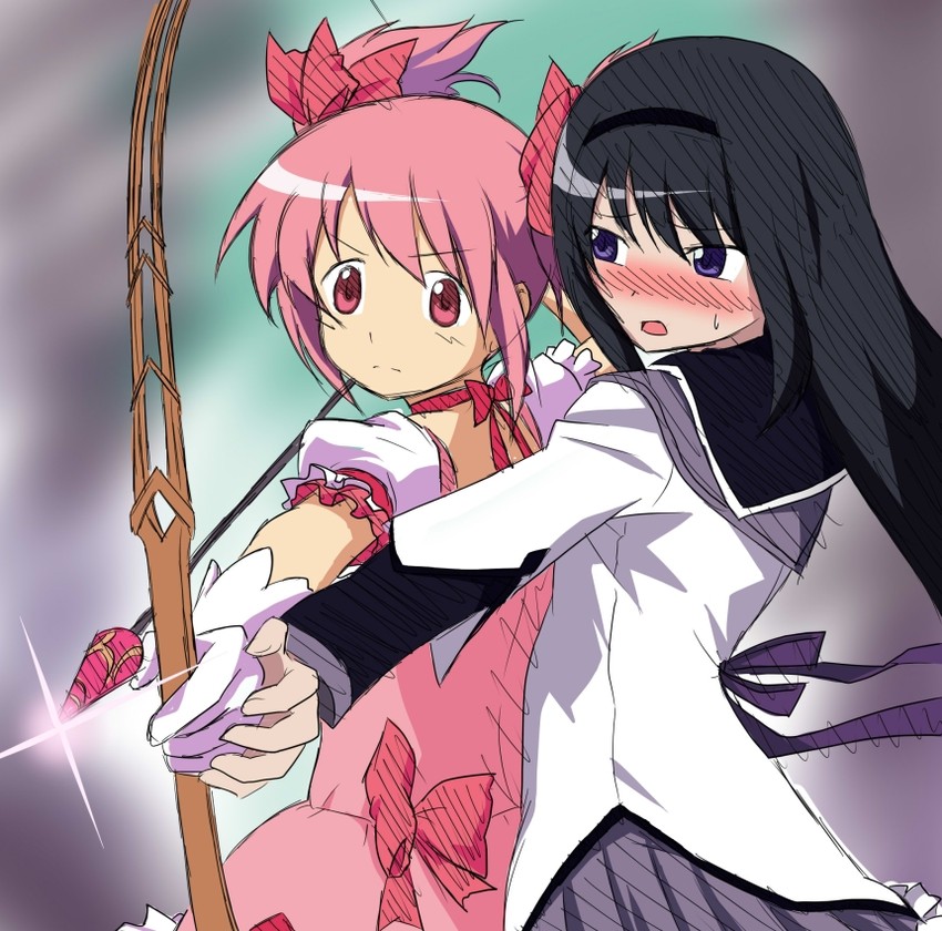 akemi homura and kaname madoka (mahou shoujo madoka magica) drawn by deathmegane