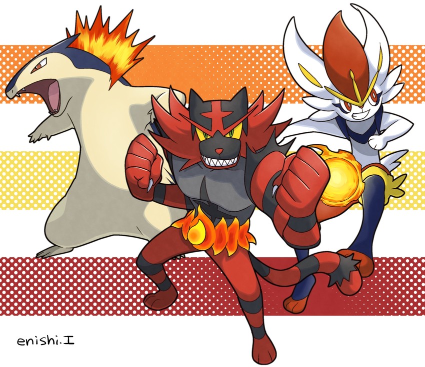 cinderace, typhlosion, and incineroar (pokemon) drawn by yukari_(yukari21653710)