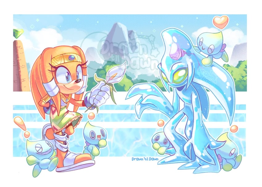 neutral chao, tikal the echidna, chaos, and chaos 0 (sonic and 1 more) drawn by drawntildawn