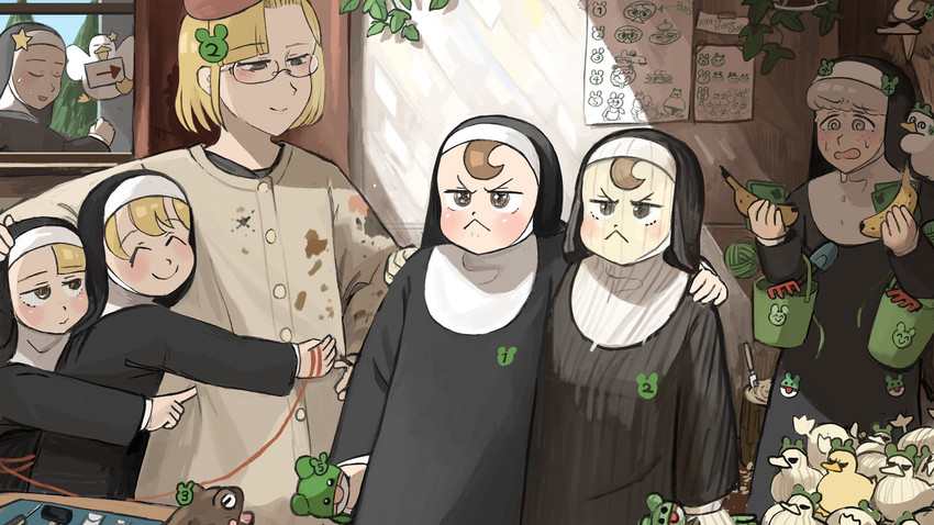 clumsy nun, froggy nun, spicy nun, sheep nun, star nun, and 1 more (little nuns) drawn by diva_(hyxpk)