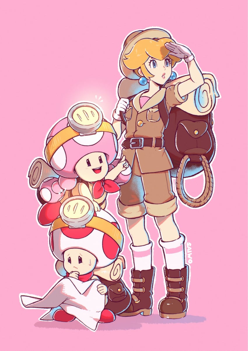 princess peach, toad, toadette, and captain toad (mario and 2 more) drawn by saiwo_(saiwoproject)