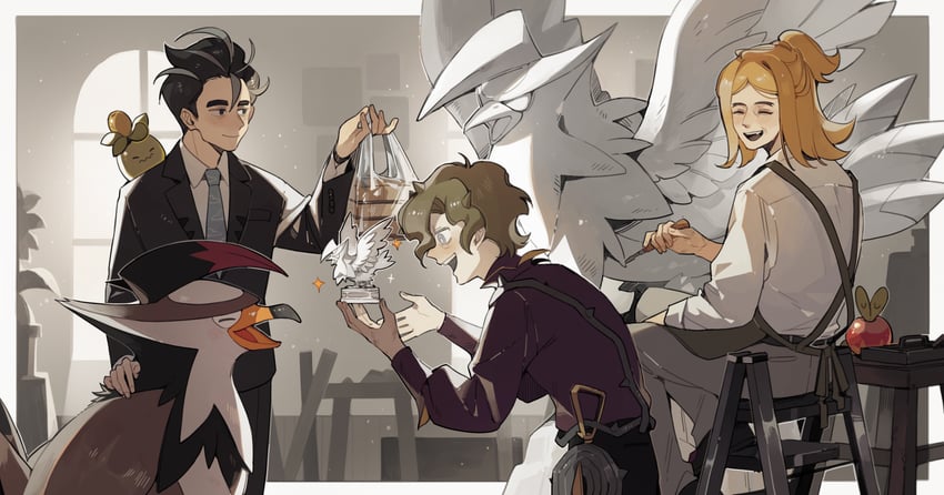 larry, applin, hassel, staraptor, smoliv, and 1 more (pokemon and 1 more) drawn by luminous_slime