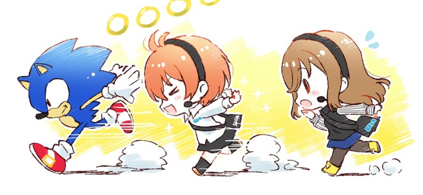 hoshizora rin, sonic the hedgehog, kunikida hanamaru, and classic sonic (love live! and 5 more) drawn by kiyose_akame