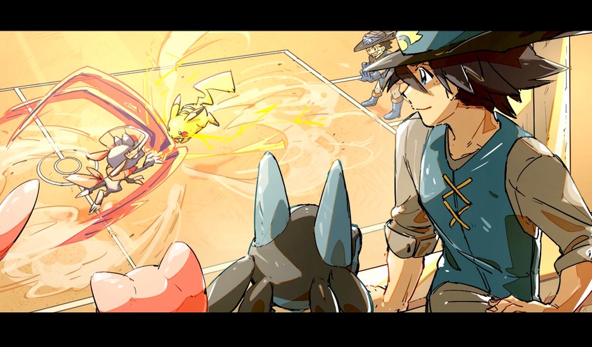 pikachu, ash ketchum, lucario, mew, weavile, and 1 more (pokemon and 2 more) drawn by ratte_(user_jmep5548)