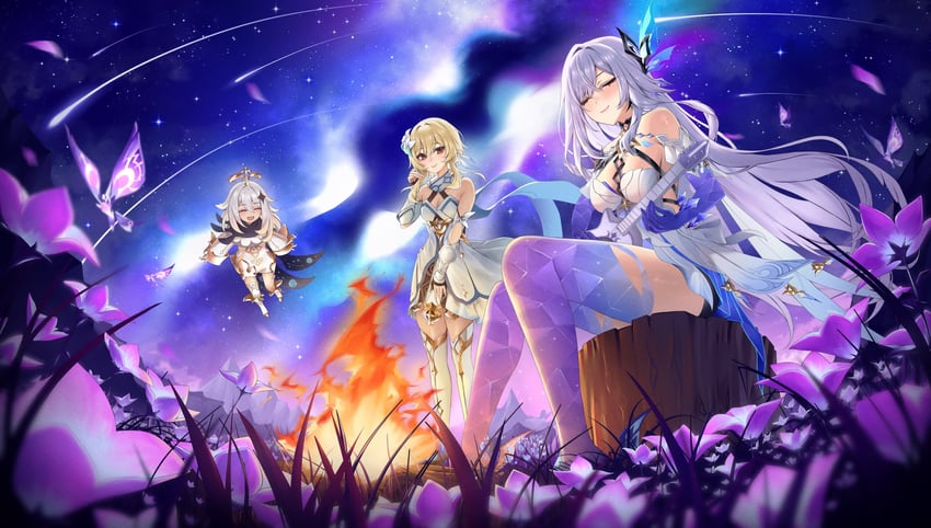 lumine, paimon, crystalfly, and skirk (genshin impact) drawn by vitaminechan