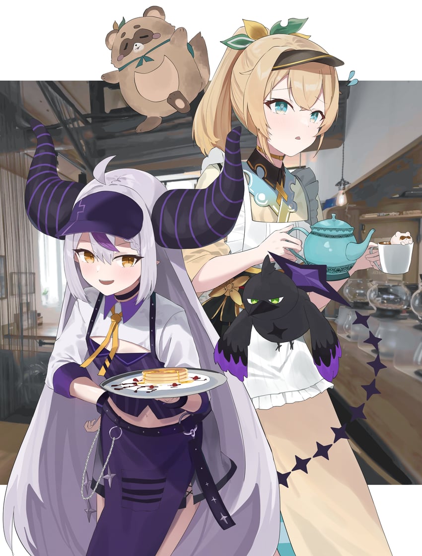 la+ darknesss, kazama iroha, crow, and pokobee (hololive) drawn by evening_rabbit