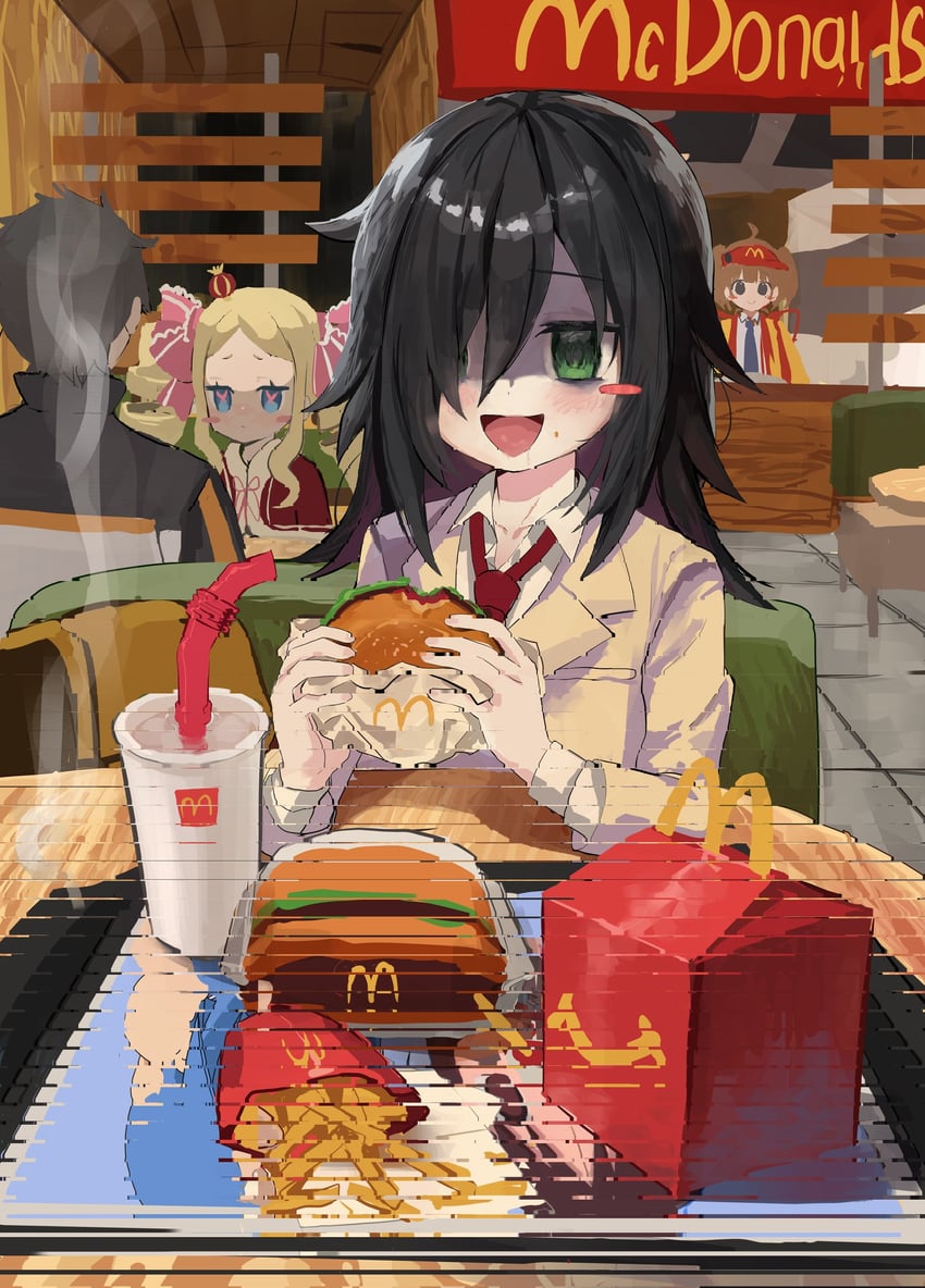 kuroki tomoko, natsuki subaru, beatrice, and imadake dabuchi tabemi (re:zero kara hajimeru isekai seikatsu and 2 more) drawn by kagana_helsuki