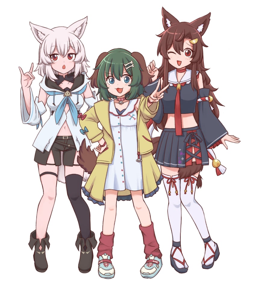 inubashiri momiji, shirakami fubuki, imaizumi kagerou, ookami mio, kasodani kyouko, and 1 more (touhou and 1 more) drawn by wool_(miwol)