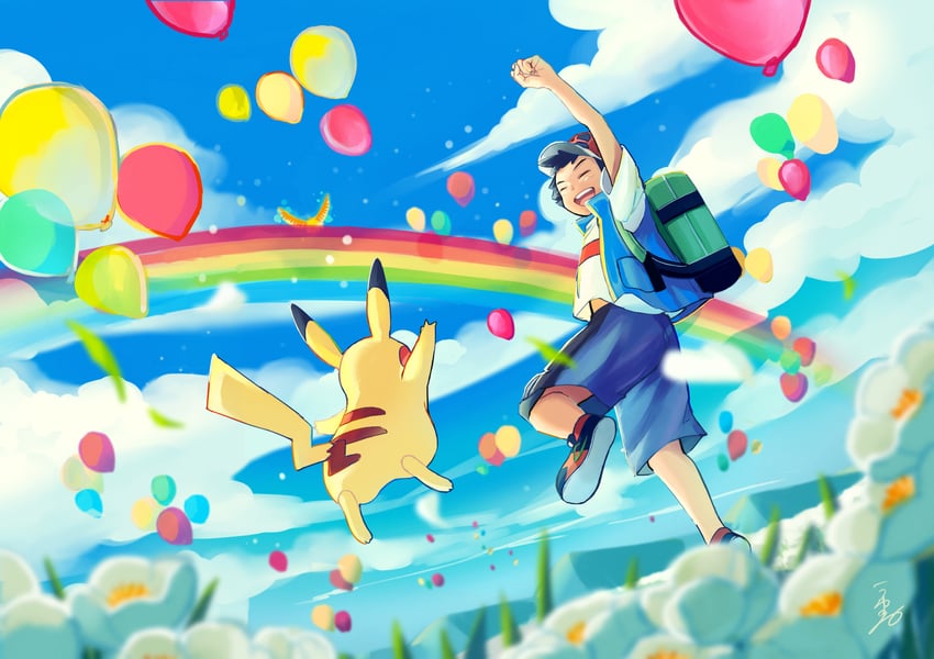 pikachu, ash ketchum, and ho-oh (pokemon and 1 more) drawn by uyumaru_art