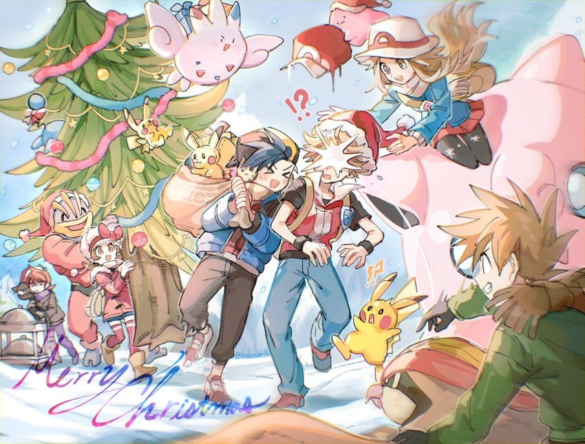 pikachu, red, ethan, blue oak, leaf, and 8 more (pokemon and 2 more) drawn by huan_li