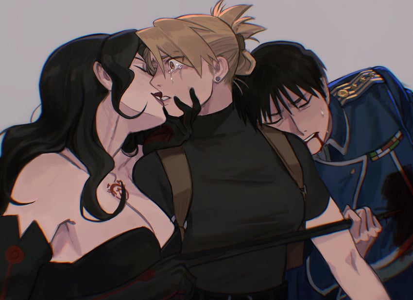 riza hawkeye, roy mustang, and lust (fullmetal alchemist and 1 more) drawn by theo_(tomochingus)