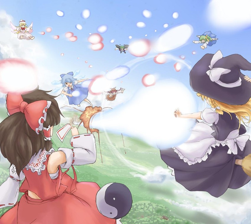 hakurei reimu, kirisame marisa, cirno, mystia lorelei, daiyousei, and 2 more (touhou) drawn by ruku_rx