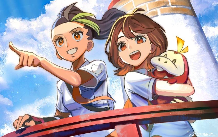 juliana, nemona, fuecoco, and anna (pokemon and 1 more) drawn by =_(9_yawbus)