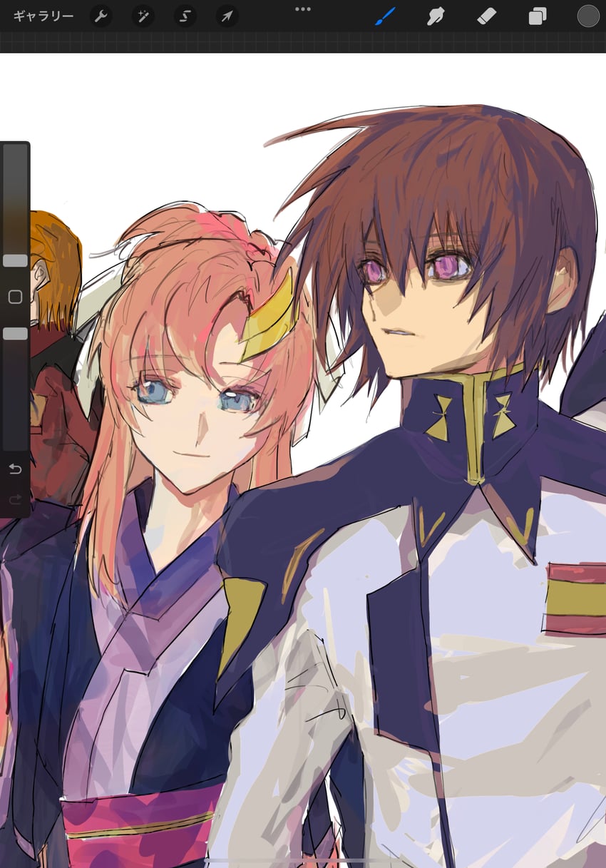 lacus clyne, kira yamato, and hilda harken (gundam and 1 more) drawn by she_(morianosu)