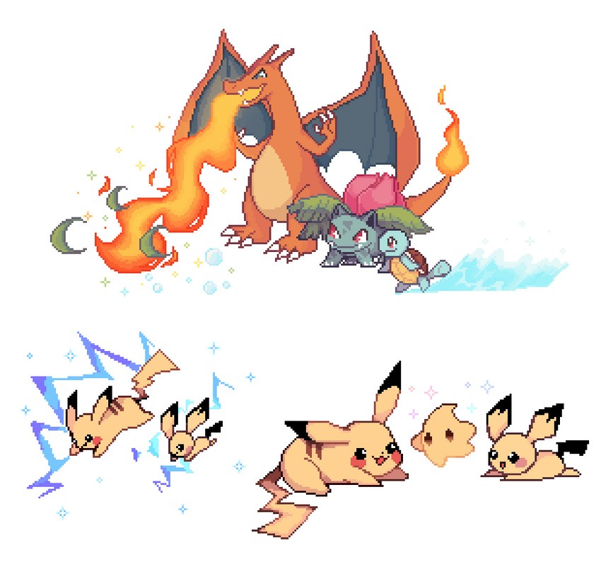 pikachu, charizard, squirtle, pichu, luma, and 1 more (pokemon and 3 more) drawn by charamells