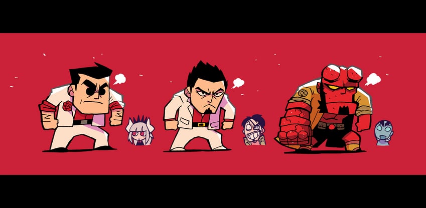 lucifer, helltaker, kiryu kazuma, majima goro, hellboy, and 1 more (helltaker and 2 more) drawn by rariatto_(ganguri)