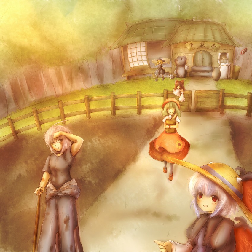hakurei reimu, kirisame marisa, kazami yuuka, morichika rinnosuke, and tokiko (touhou) drawn by amano_jack