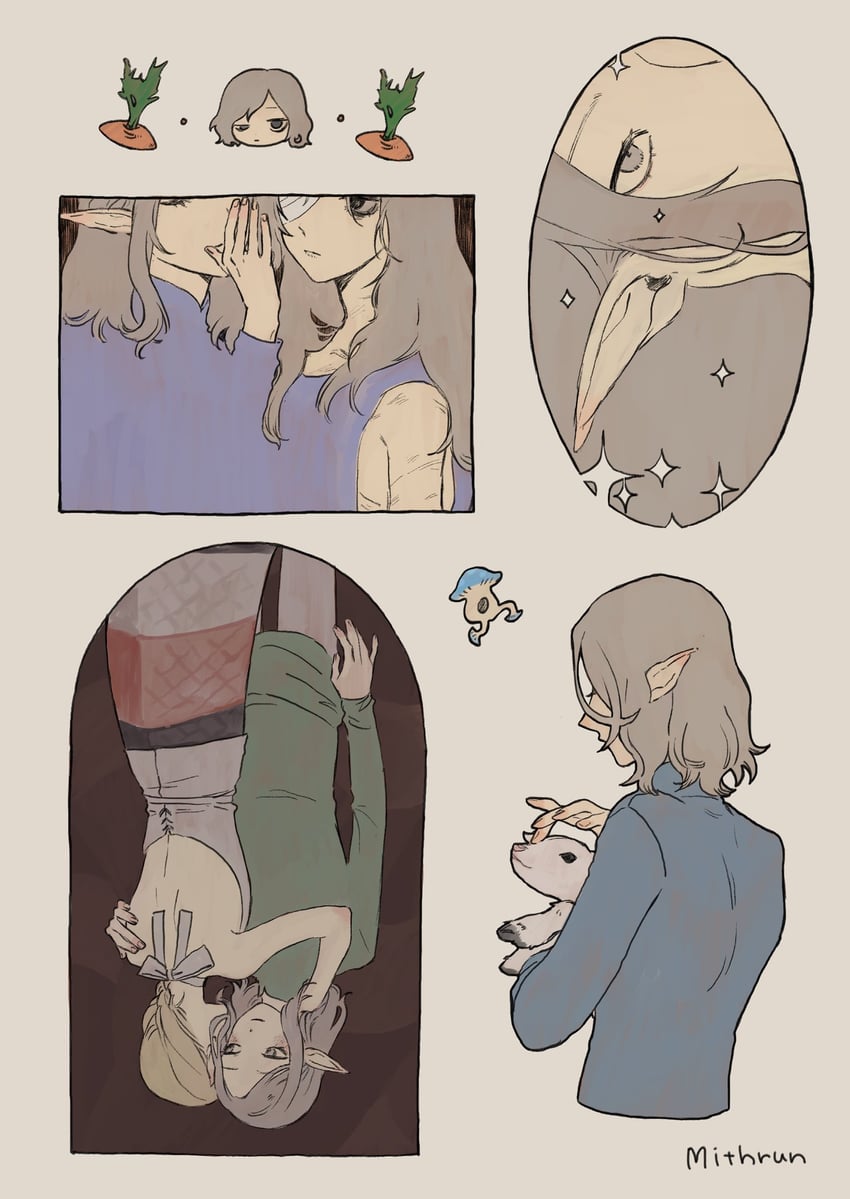 mithrun, goat, and braided ponytail lamia (dungeon meshi) drawn by uta1416631