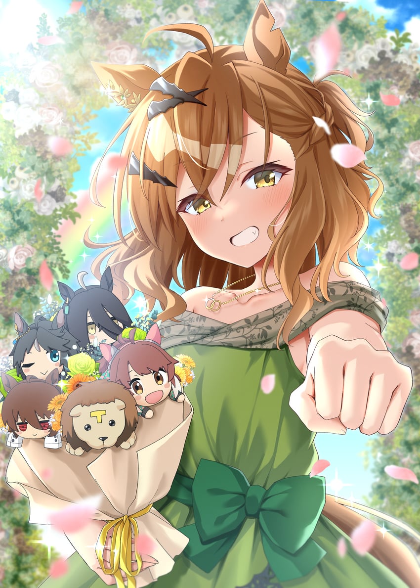 trainer, agnes tachyon, manhattan cafe, jungle pocket, dantsu flame, and 1 more (umamusume) drawn by ryochapu