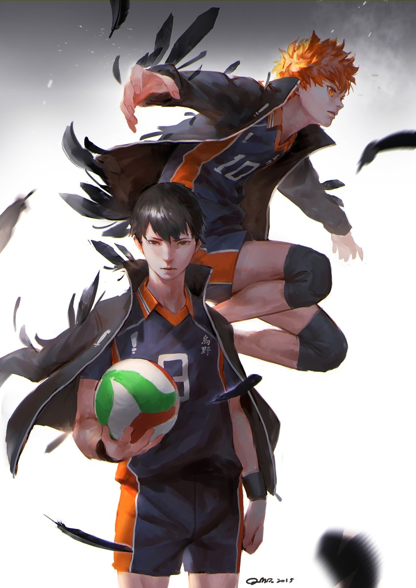hinata shouyou and kageyama tobio (haikyuu!!) drawn by qmo_(chalsoma)