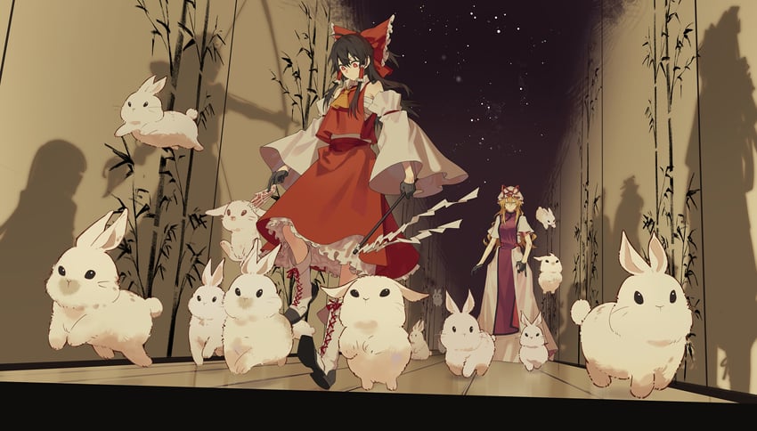 hakurei reimu, yakumo yukari, fujiwara no mokou, kamishirasawa keine, houraisan kaguya, and 3 more (touhou and 1 more) drawn by zy_(zyyyyyyy9)