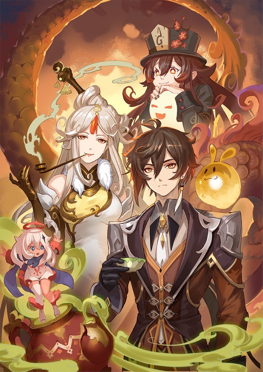 hu tao, zhongli, paimon, boo tao, ningguang, and 1 more (genshin impact) drawn by philiera