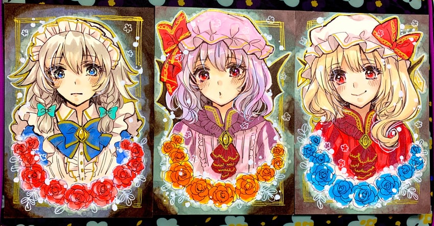 remilia scarlet, flandre scarlet, and izayoi sakuya (touhou) drawn by akaioringo2023