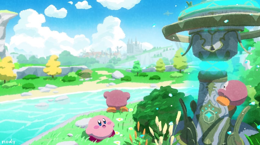 kirby, waddle dee, and statue of the seven (genshin impact and 1 more) drawn by nody_(nody_lowmoo)