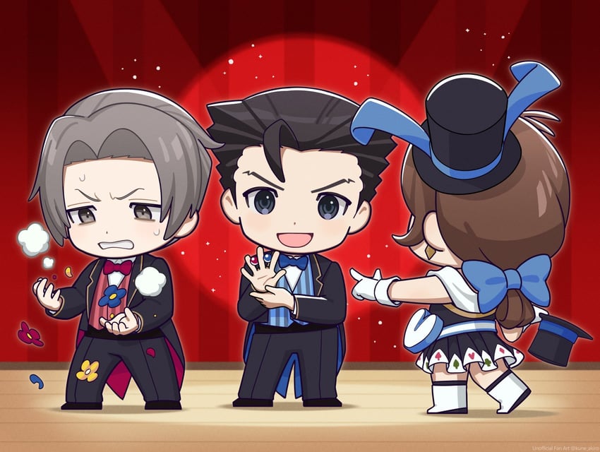 phoenix wright, miles edgeworth, and trucy wright (ace attorney) drawn by kune_akiro