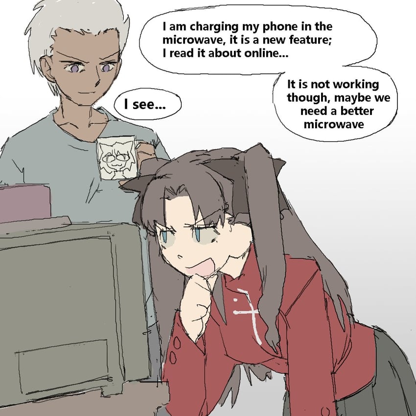 tohsaka rin, archer, and neco-arc (fate and 1 more) drawn by pantsu-ripper