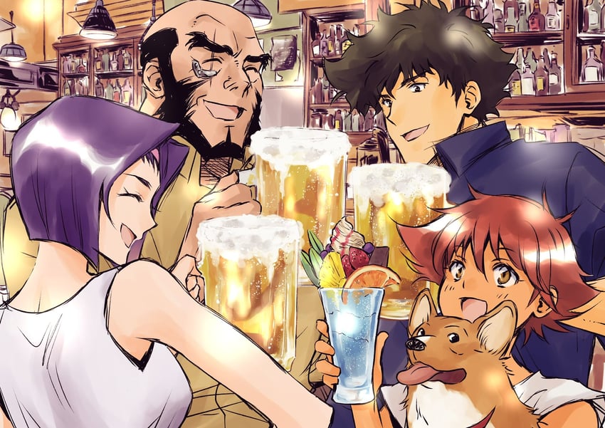 faye valentine, spike spiegel, edward wong hau pepelu tivrusky iv, ein, and jet black (cowboy bebop) drawn by tobalin