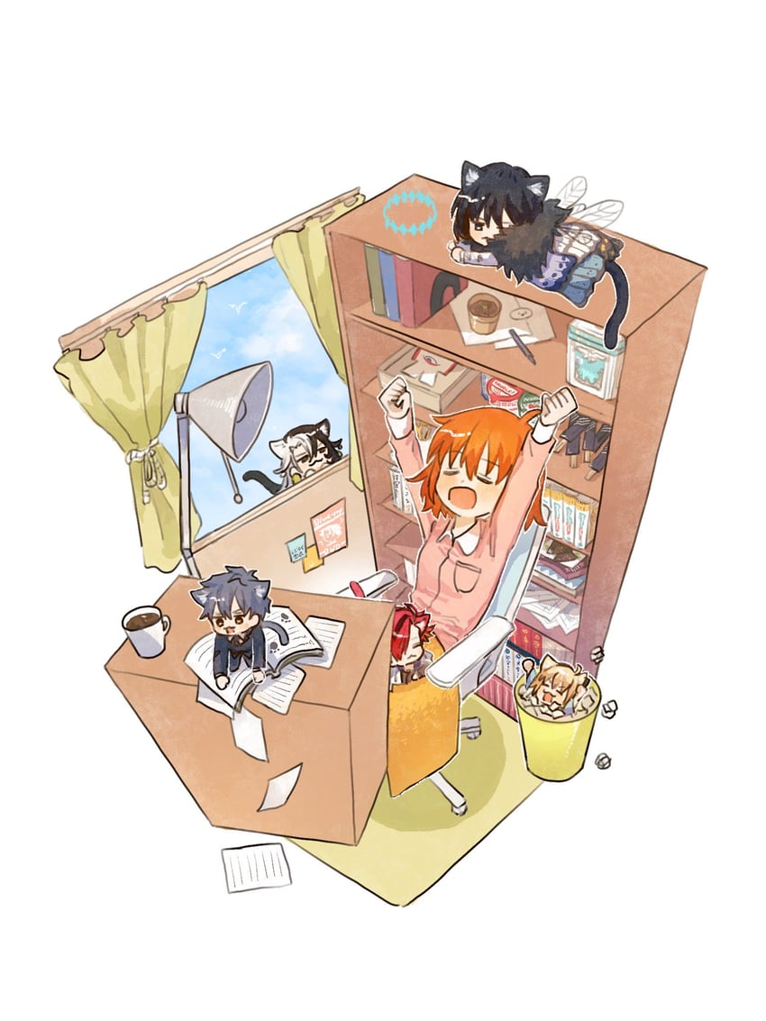 fujimaru ritsuka, okita souji, oberon, ashiya douman, saitou hajime, and 1 more (fate and 1 more) drawn by tt_hmx