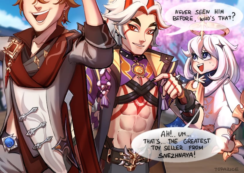 paimon, tartaglia, and arataki itto (genshin impact) drawn by topazice