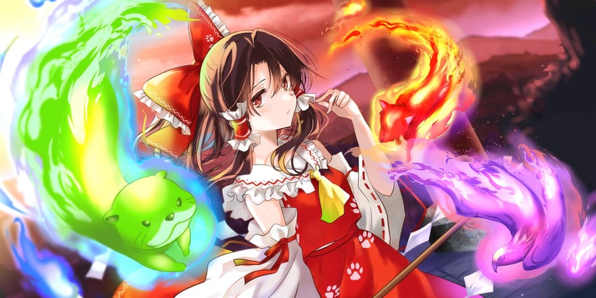 hakurei reimu, otter spirit, wolf spirit, and eagle spirit (touhou and 2 more) drawn by poprication