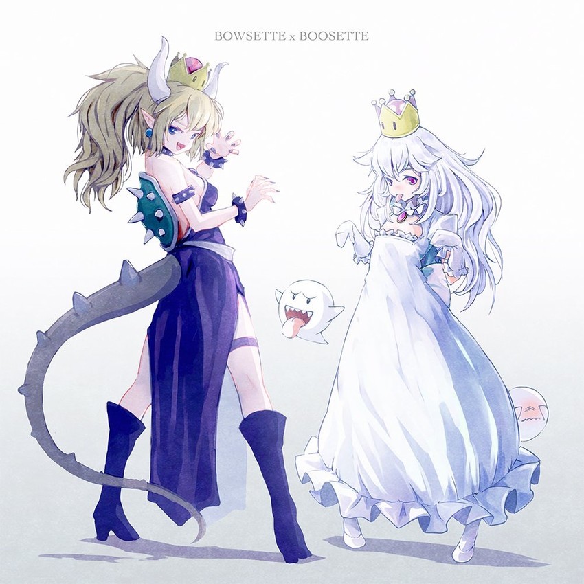 bowsette, princess king boo, and boo (mario and 2 more) drawn by satyuas