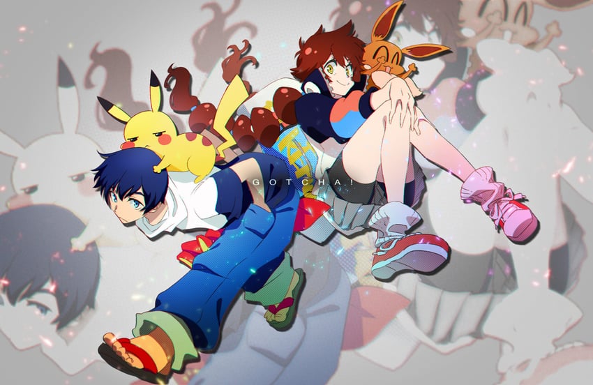 pikachu, eevee, gotcha! girl, and gotcha! boy (pokemon and 1 more) drawn by champi