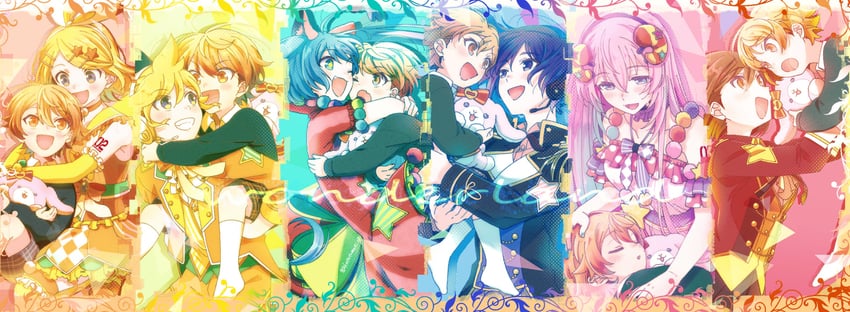 hatsune miku, kagamine rin, kagamine len, megurine luka, kaito, and 9 more (vocaloid and 1 more) drawn by katatumuri_29