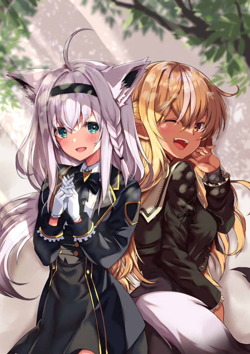 shirakami fubuki and shiranui flare (hololive) drawn by ral_(ralf)