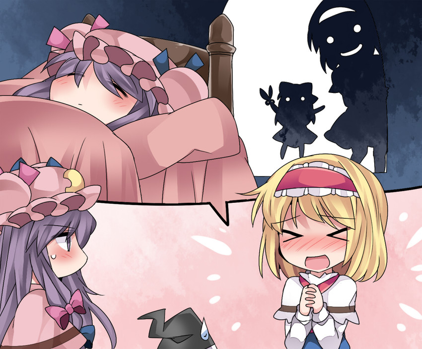 kirisame marisa, alice margatroid, patchouli knowledge, and shanghai doll (touhou) drawn by hammer_(sunset_beach)