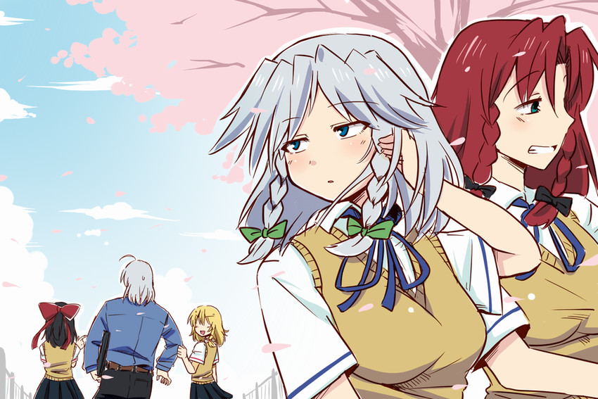 hakurei reimu, kirisame marisa, izayoi sakuya, hong meiling, and morichika rinnosuke (touhou) drawn by amazon_(taitaitaira)