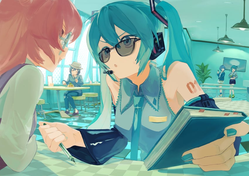 hatsune miku, kanzaki rio, igawa aoi, akazaki kokoro, and komiyama ai (vocaloid and 1 more) drawn by bawa_(thankyousushi)