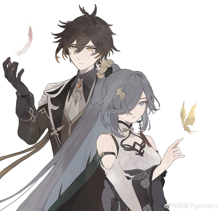 zhongli and fu hua (genshin impact and 3 more) drawn by mogomaco